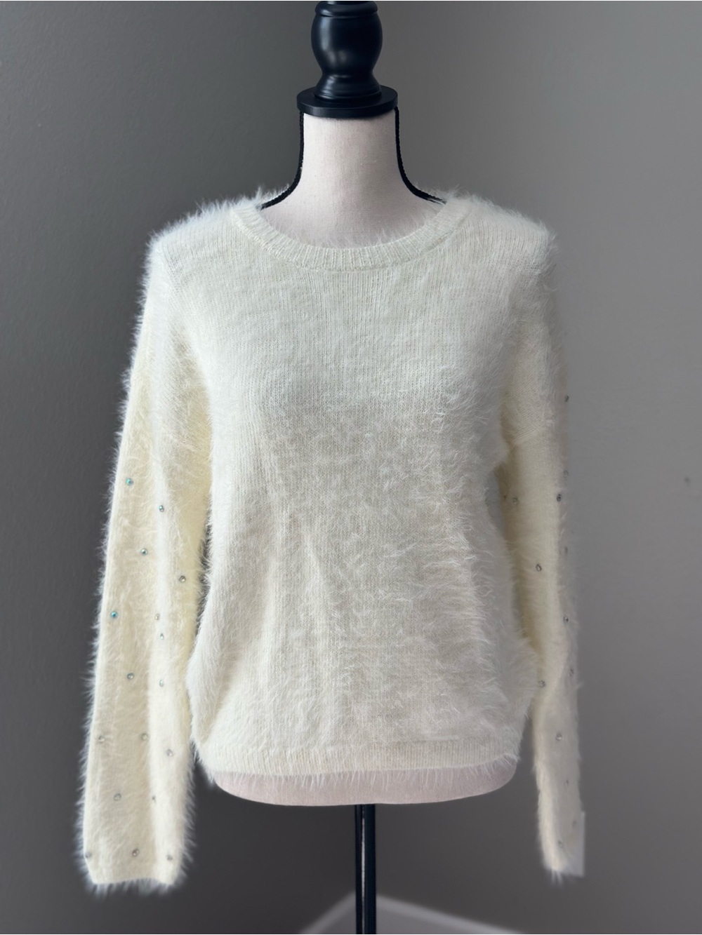 Pink Lily Ivory Fuzzy Crewneck Sweater with Rhinestones Sleeves